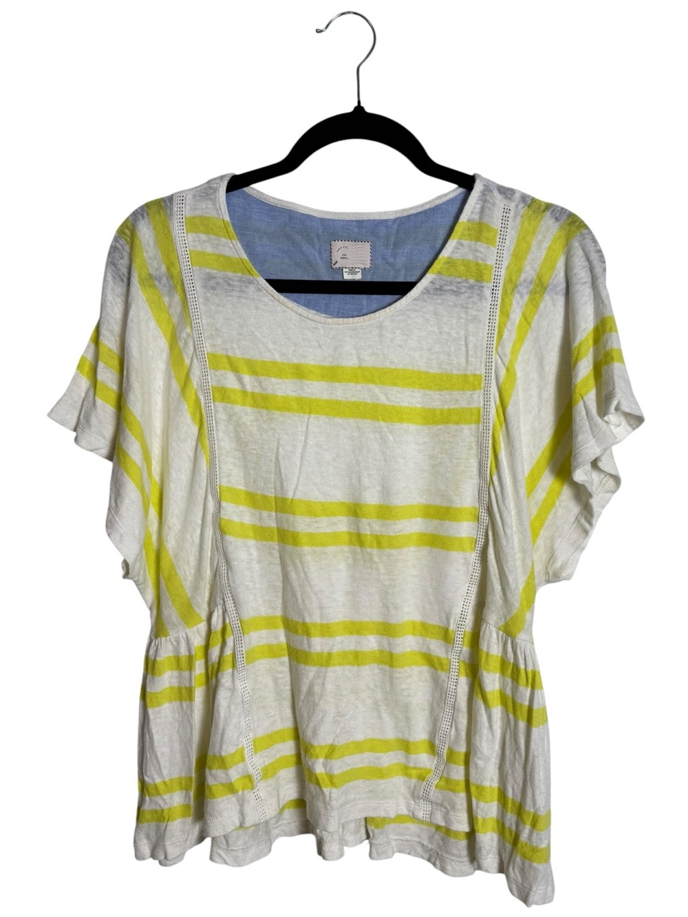 Anthropologie Deletta Striped Peplum Top Crochet Lace Accent White Yellow
